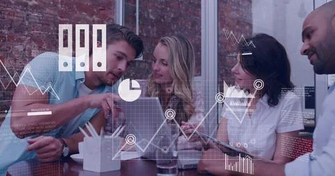 Image of financial data processing over diverse business people in office Foto stock