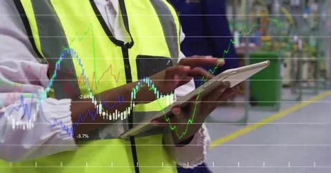 Image of financial data processing over african american man using tablet i.. 스톡 사진
