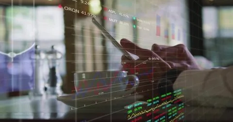 Image of financial data processing over caucasian man using tablet 스톡 사진
