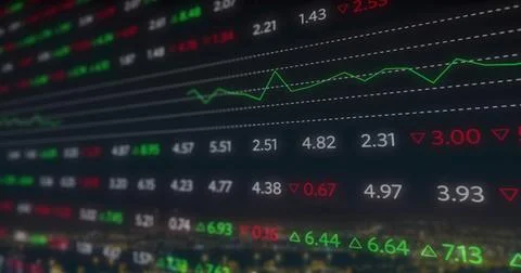 Image of financial data processing over cityscape Foto stock