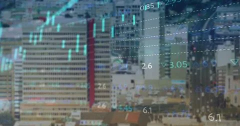 Image of financial data processing over cityscape Foto stock