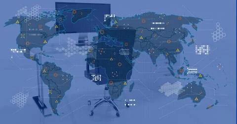 Image of financial data processing over office with computers on desks and .. Foto stock