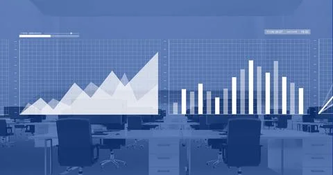 Image of financial data processing over office with computers on desks Stock Photos