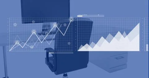 Image of financial data processing over office with computer on desk Stock Photos