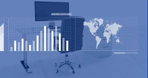 Image of financial data processing over office with computers on desks and .. Foto stock