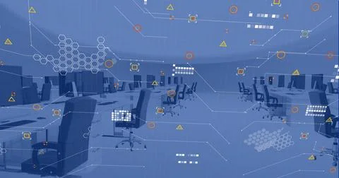 Image of financial data processing over office with computers on desks and .. Stock Photos