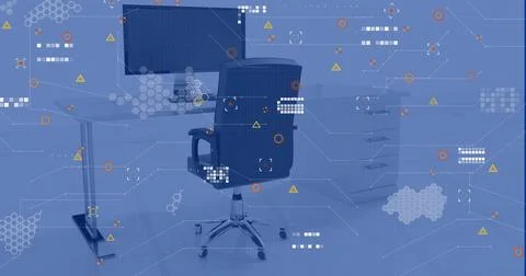 Image of financial data processing over office with computer on desk 写真素材