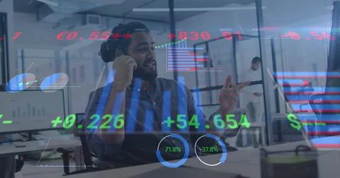 Image of financial data processing over smiling man in office using smartph.. Foto stock