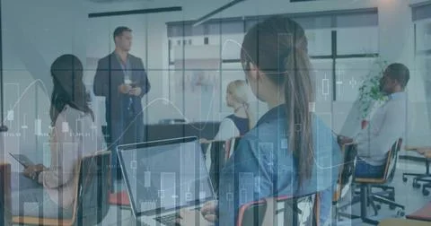Image of financial data processing over diverse business people in office 写真素材