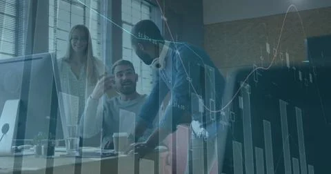 Image of financial data processing over diverse business people in office Stockfoto's