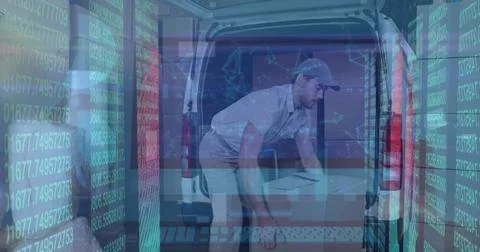 Image of financial data processing over caucasian delivery man 写真素材