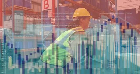 Image of financial data processing over african american female worker in w.. Foto stock