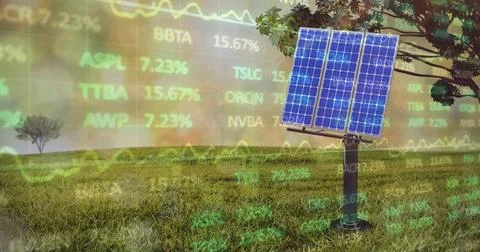 Image of financial data processing over solar panel on grass in background Stock Photos