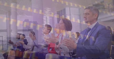 Image of financial data processing over business people in office Stock Photos