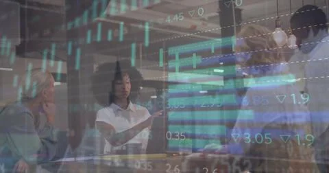 Image of financial data processing over diverse business people in office 스톡 사진