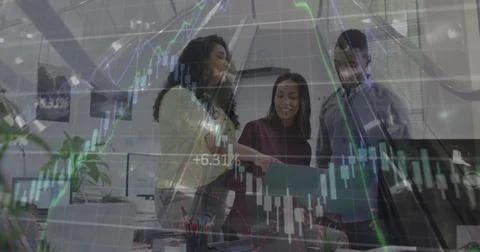 Image of financial data processing over business people in office Stock Photos