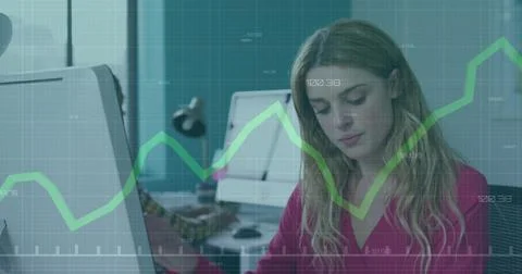 Image of financial data processing over businesswoman using computer Stock Photos