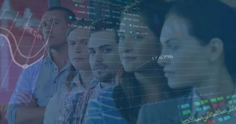 Image of financial data processing over diverse business people Stock Photos