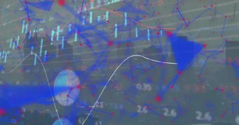Image of financial data processing over cityscape 写真素材