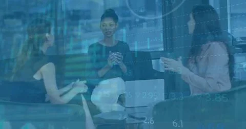 Image of financial data processing over diverse colleagues having meeting i.. 写真素材