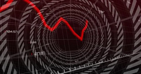 Image of financial data processing over circles on dark background Stock Photos