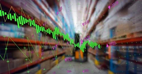 Image of financial data processing over warehouse Stock Photos