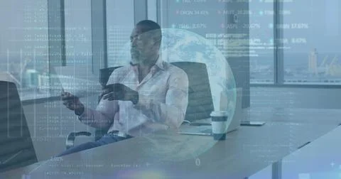 Image of financial data processing over african american businessman holdin.. Stockfoto's