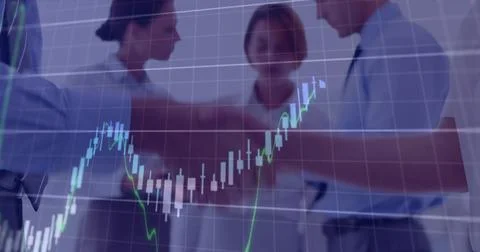 Image of financial data processing over caucasian businesspeople shaking hand Foto stock