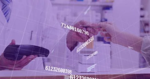 Image of financial data processing over man using payment terminal 스톡 사진