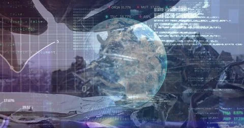 Image of financial data processing over junkyard 写真素材
