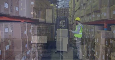 Image of financial data processing over delivery man and warehouse Stock Photos