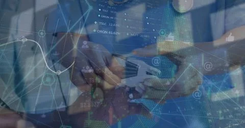 Image of financial data processing over delivery man loading connections Stockfoto's