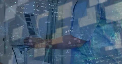 Image of financial data processing over delivery man loading connections Stockfoto's