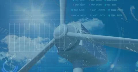 Image of financial data processing over wind turbine Stock Photos