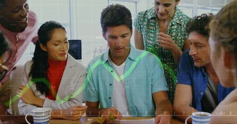 Image of financial data processing over diverse business people at office Foto stock
