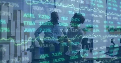 Image of financial data processing over business people Stock Photos