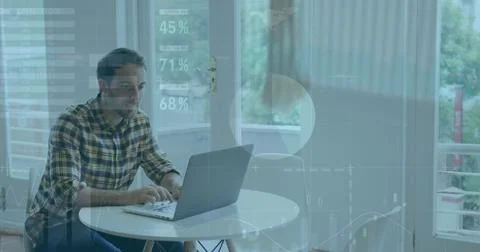 Image of financial data processing over caucasian businessman with computer.. 스톡 사진