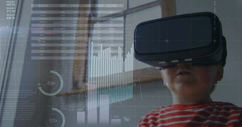 Image of financial data processing over caucasian boy using vr headset Stock Photos
