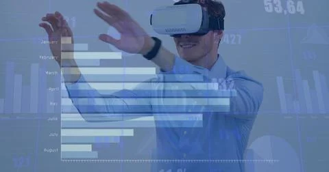Image of financial data processing over caucasian man using vr headset 스톡 사진