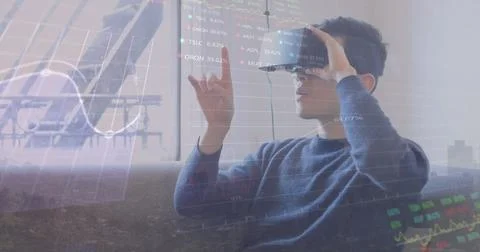 Image of financial data processing over biracial man using vr headset 写真素材
