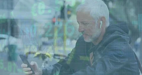 Image of financial data processing over senior caucasian man using smartphone 스톡 사진