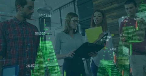 Image of financial data processing over diverse businesspeople in office Stock Photos