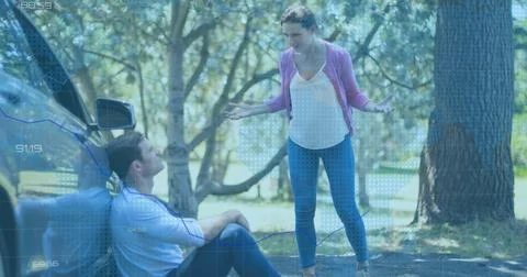 Image of financial data processing over woman talking with man 写真素材