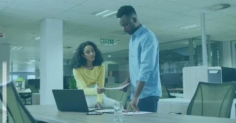Image of financial data processing over business people in office Stock Photos