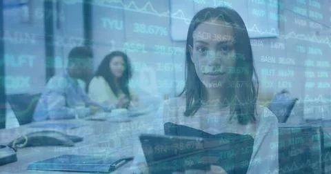 Image of financial data processing over biracial businesswoman in office 스톡 사진