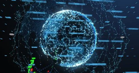Image of financial data processing over network of connections and globe ag.. Stock Photos