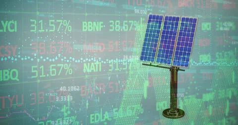 Image of financial data processing over solar panel on grid background Stock Photos