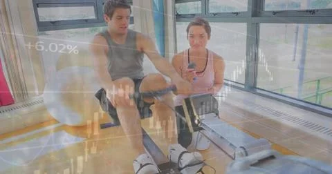 Image of financial data processing over caucasian man exercising with female Stock Photos