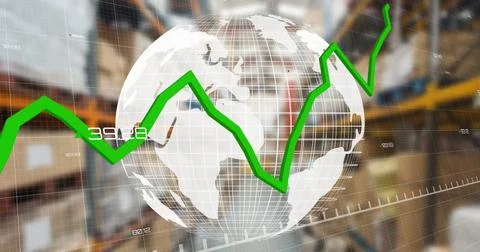 Image of financial data processing over globe and warehouse Stock Photos