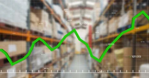 Image of financial data processing over warehouse Foto stock